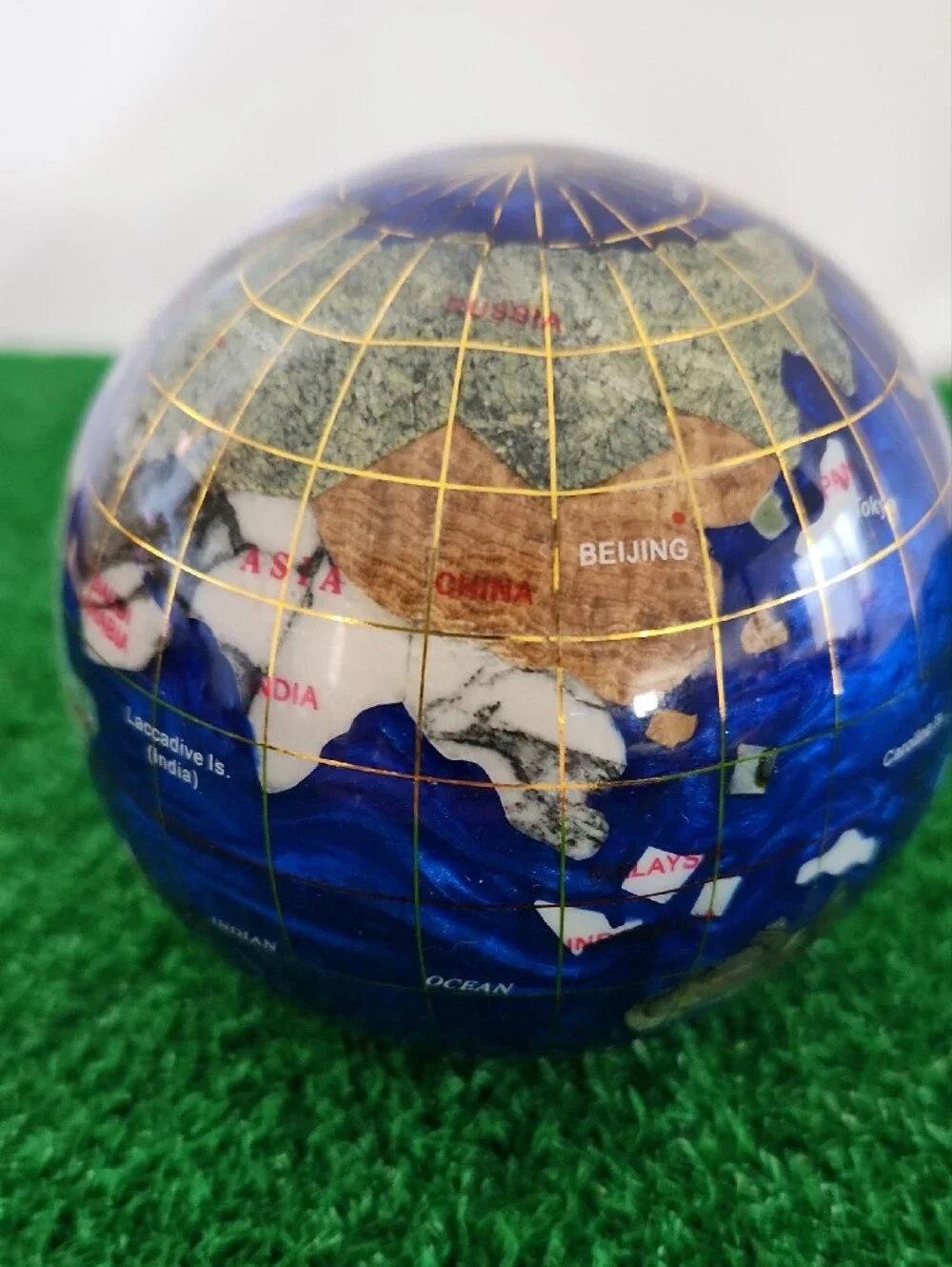 Gemstone World Globe Paperweight Inlaid Crushed Gemstones/ Shell